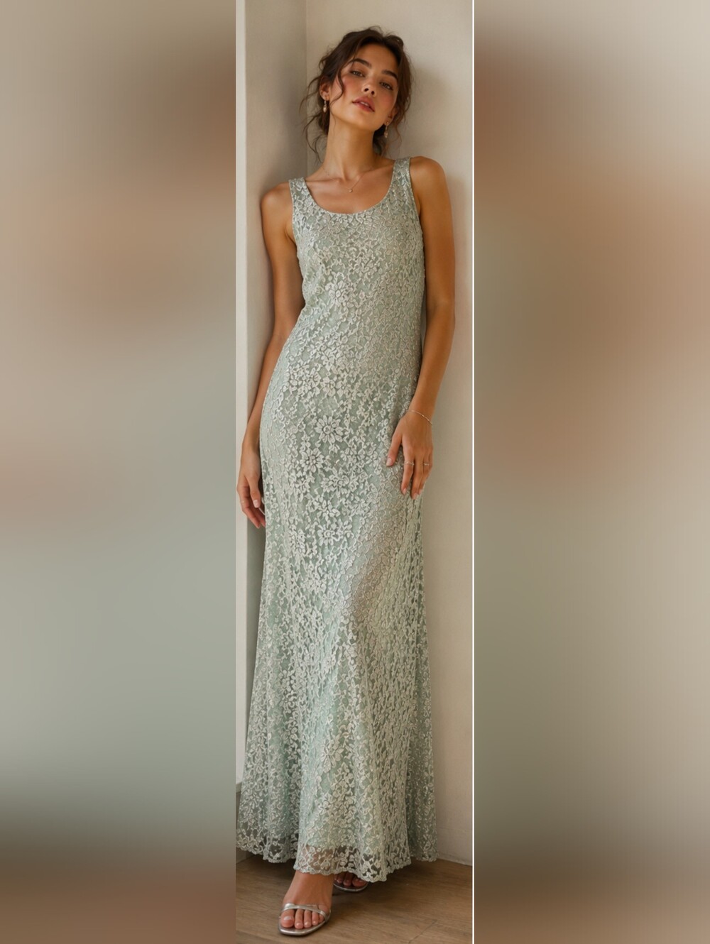 90s Connected Apparel Seafoam Green Silver Lace Maxi Dress 12 Y2K Formal Prom